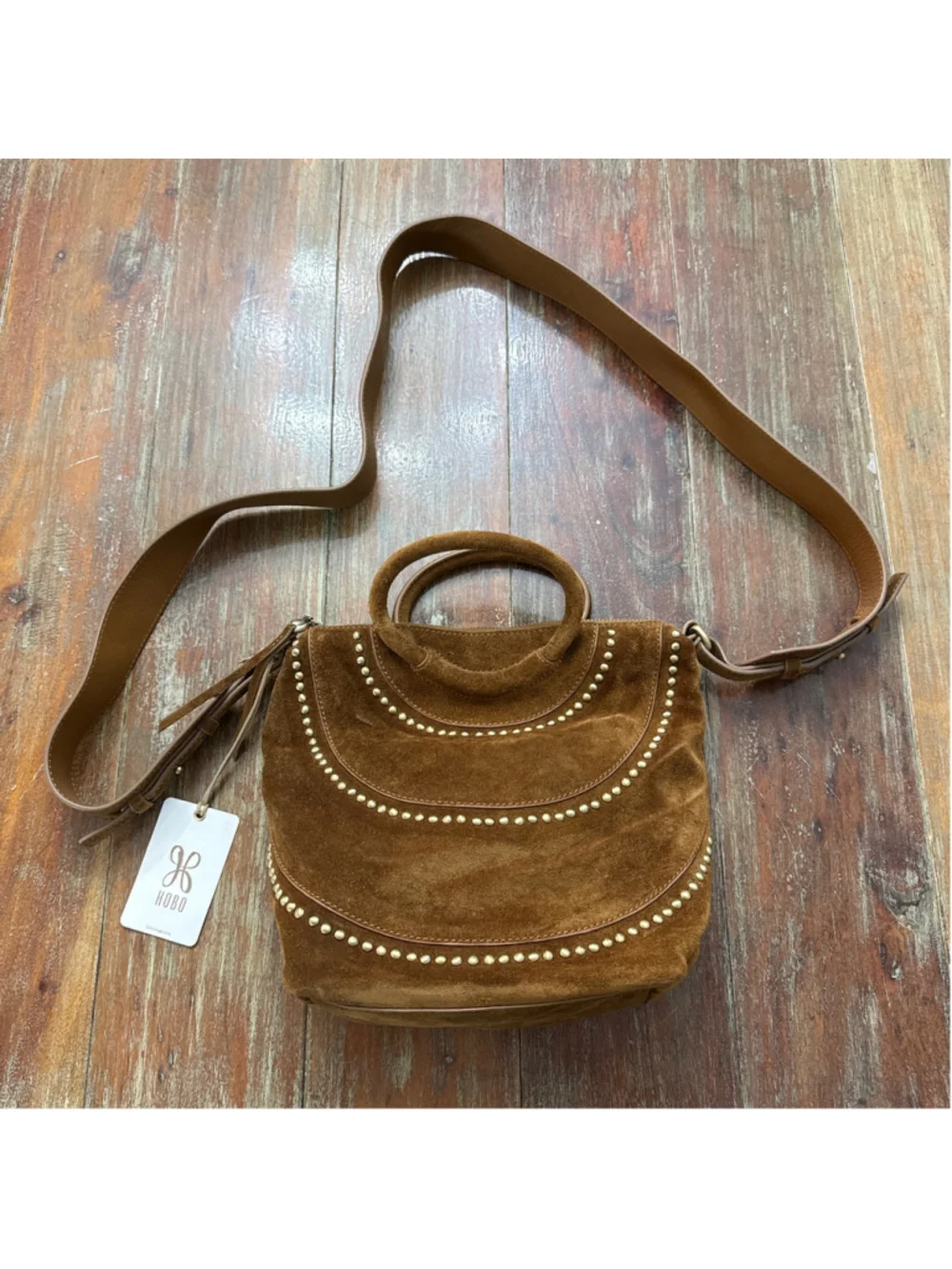 HOBO Chestnut Brown Suede Gold Studded Small Crossbody Tote Handbag NWT Handles